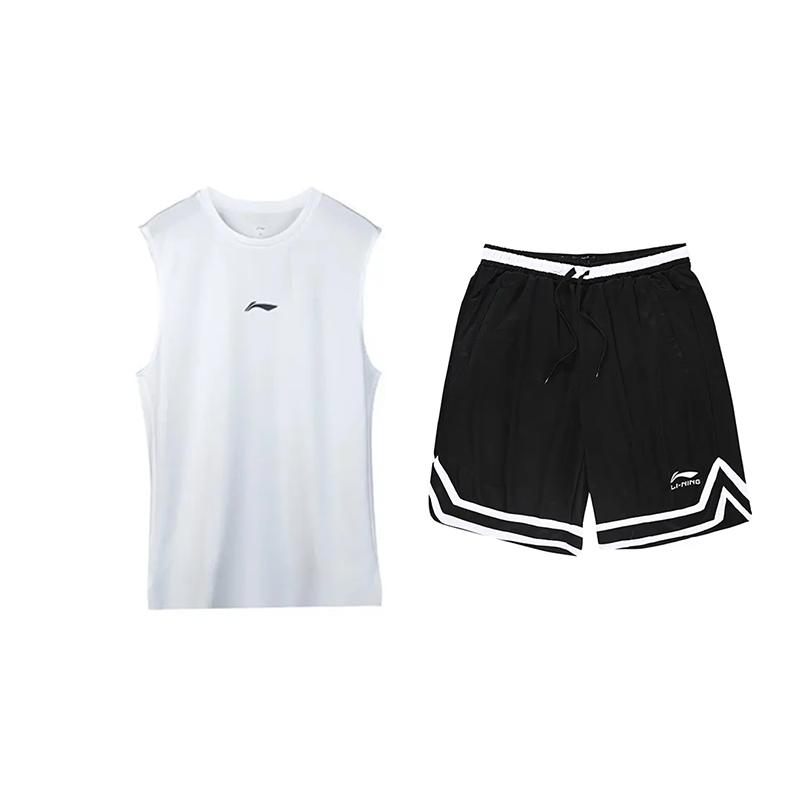 

Li Ning Удобный пуловер с круглым вырезом Простой топ Дышащий Универсальный Модный Шорты с завязками Повседневный Спортивный комплект Комплекты унисекс YVSV027-1+YAPV001-1 L