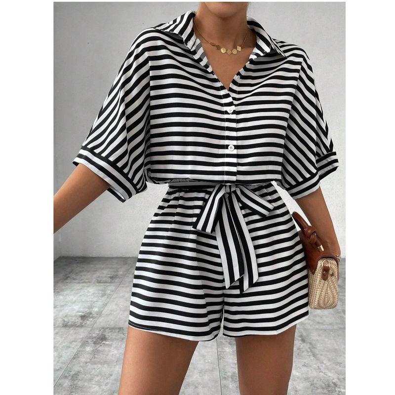 European and American Summer New Lapel Single-Breasted Stripe Print Loose Short Sleeve Wide Leg Jumpsuit Shorts Jumpsuit