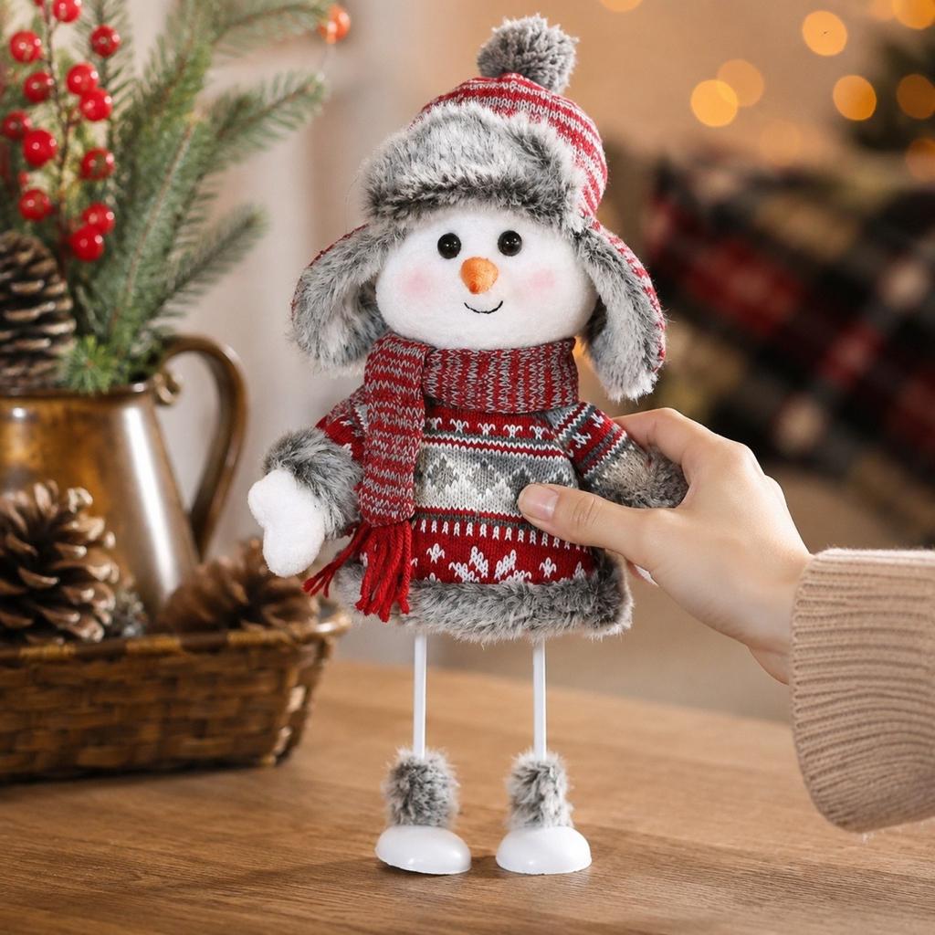 Rocking Christmas Snowman Figurine with Red Knitted Ear Flap Hat for Holiday Tabletop Decor and Gift