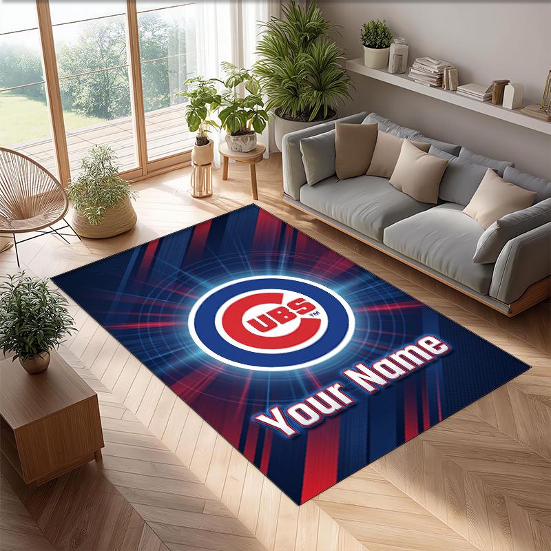 Chicago Cubs Crystal Velvet Rug, Custom Name Text Personalized Non‑Slip Floor Mat for Home Decor Gift