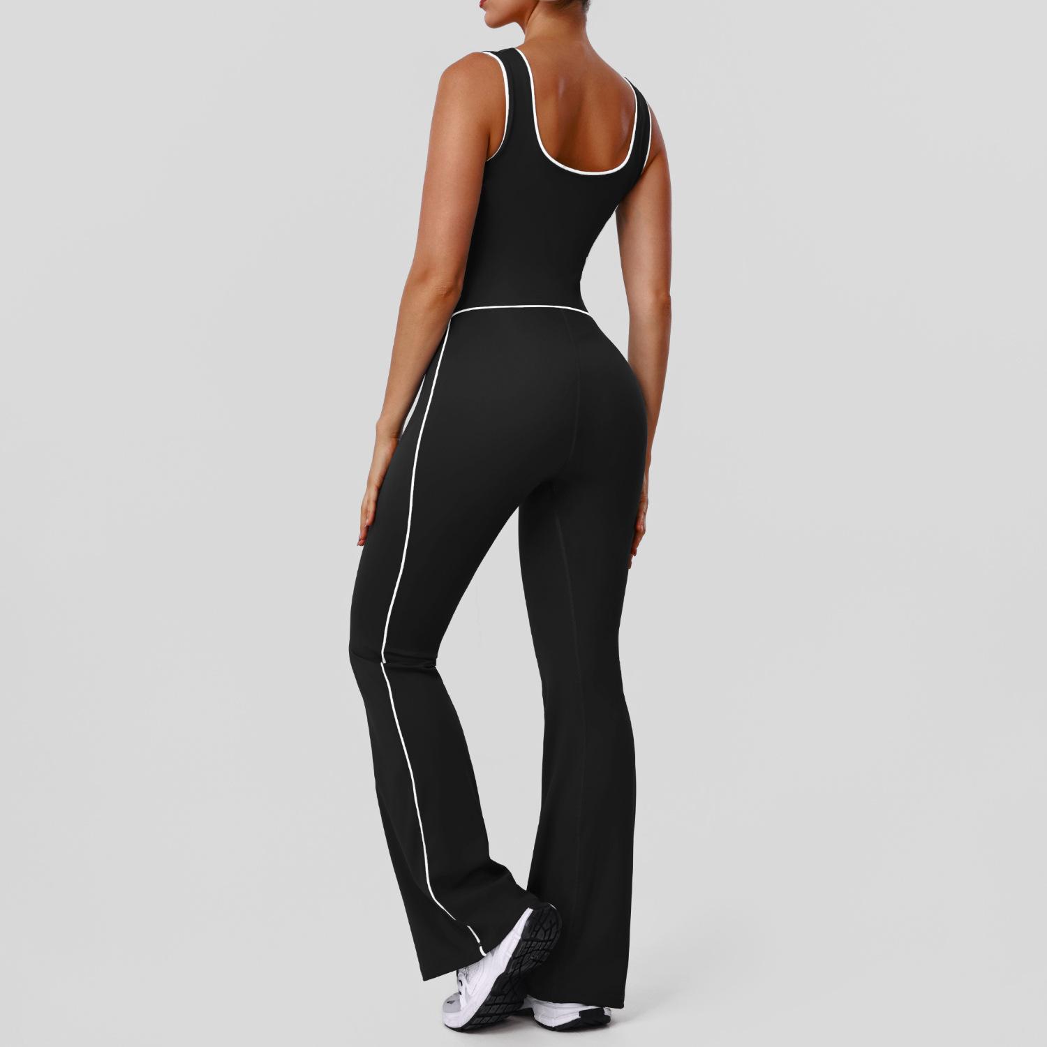 Women s Sleeveless Yoga Jumpsuit with Built in Bra Square Neck Flared Leg Workout Bodysuit for Gym S чёрный
