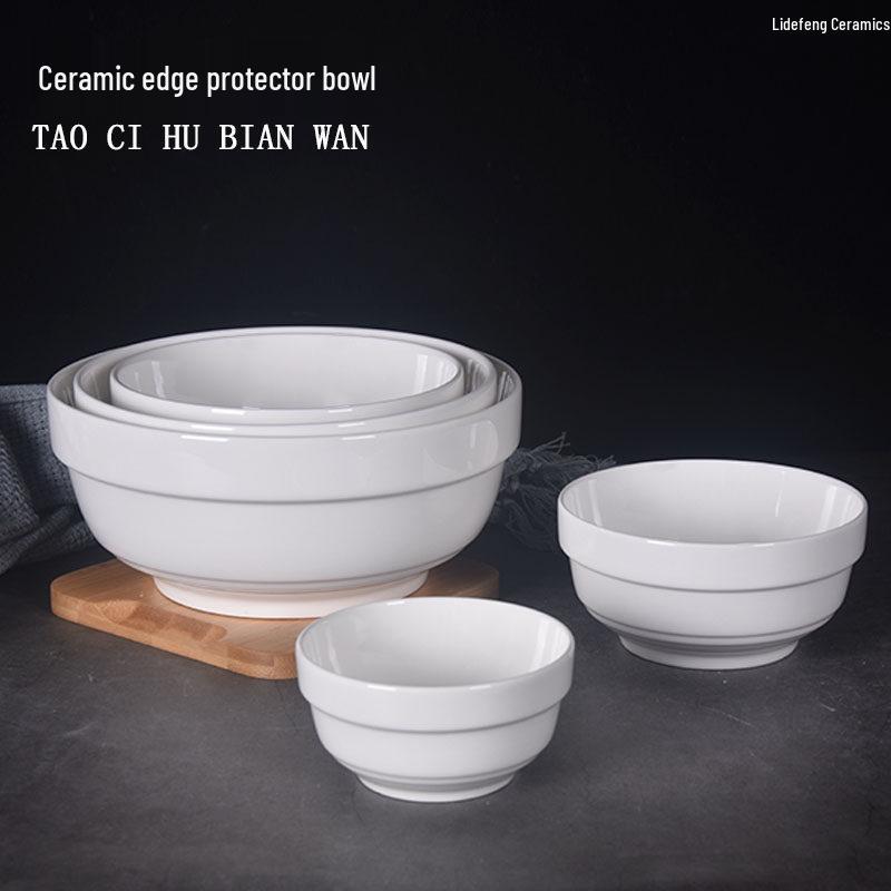 Pure White Ceramic Bowl: Edge Protector Noodle, Rice, Soup, Porridge Bowl for Household and Restaurant Tableware.