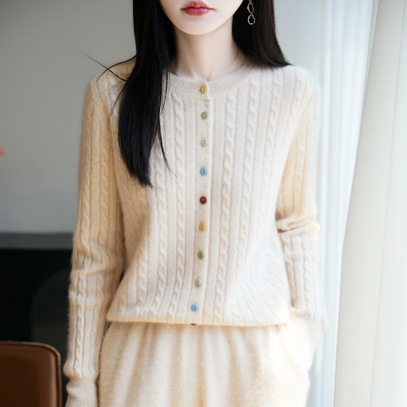 Women's 100% Pure Wool Cardigan with Colorful Buttons, Cable Knit, Loose Fit, Round Neck, Long Sleeve Base Layer Sweater