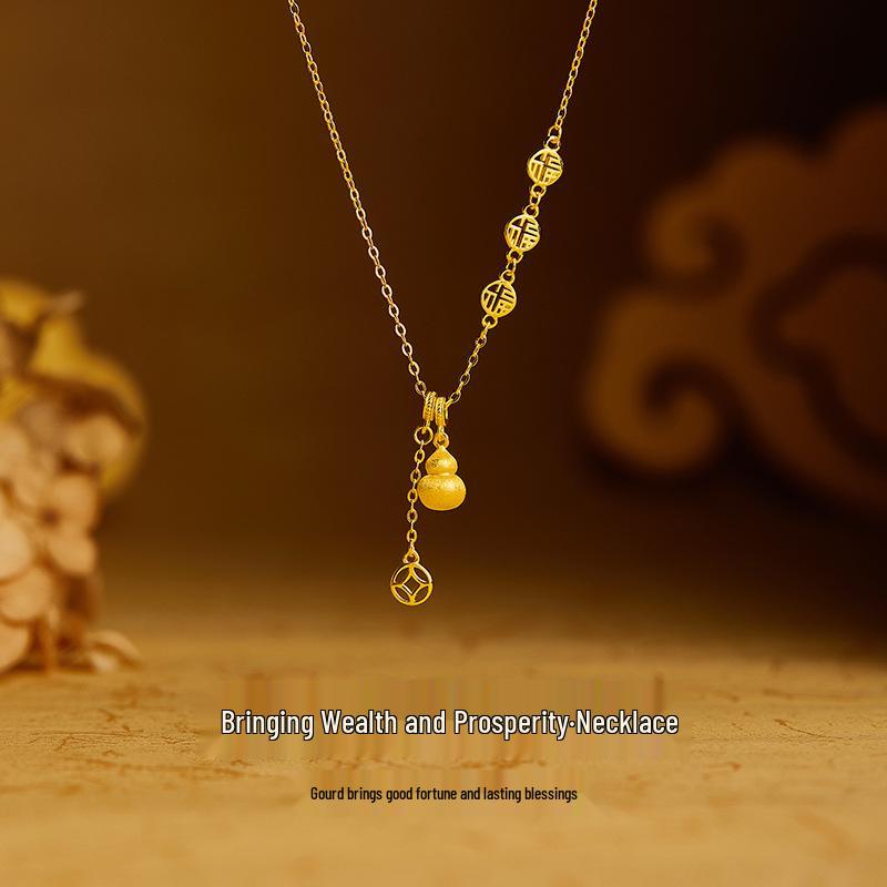 Sterling Silver Fu Character Copper Coin Gourd Pendant Necklace – Women's Wealth-Attracting Clavicle Chain