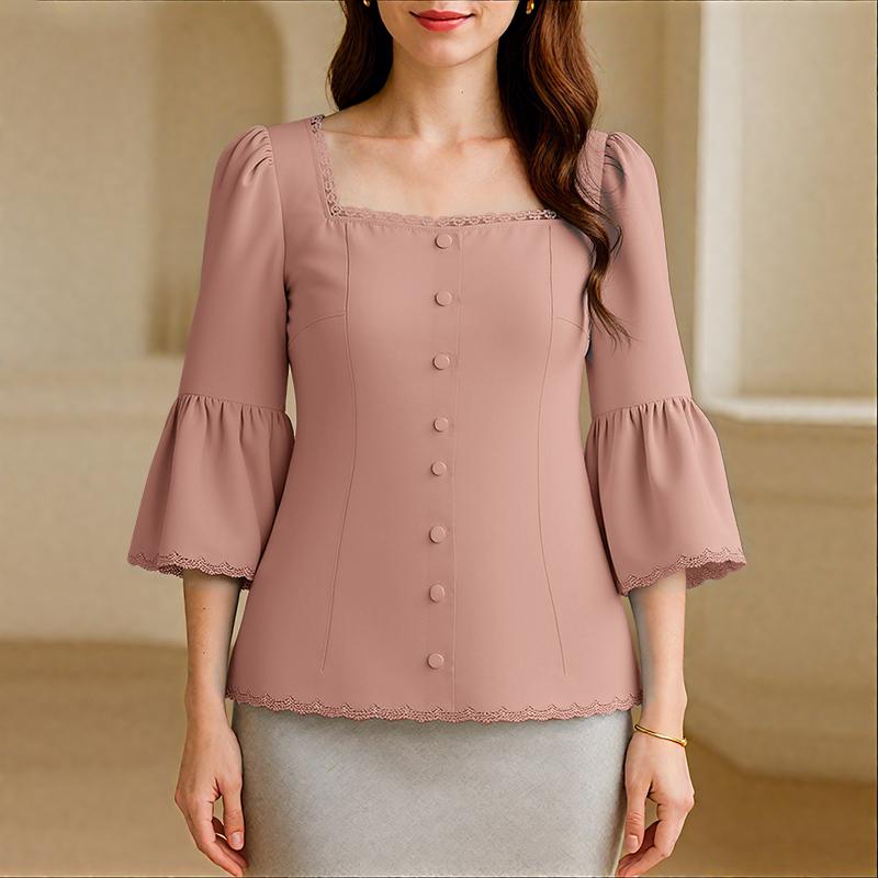 

ZANZEA Женская летняя блузка с квадратным вырезом и рукавом 3/4 в стиле кэжуал XL камео розовый