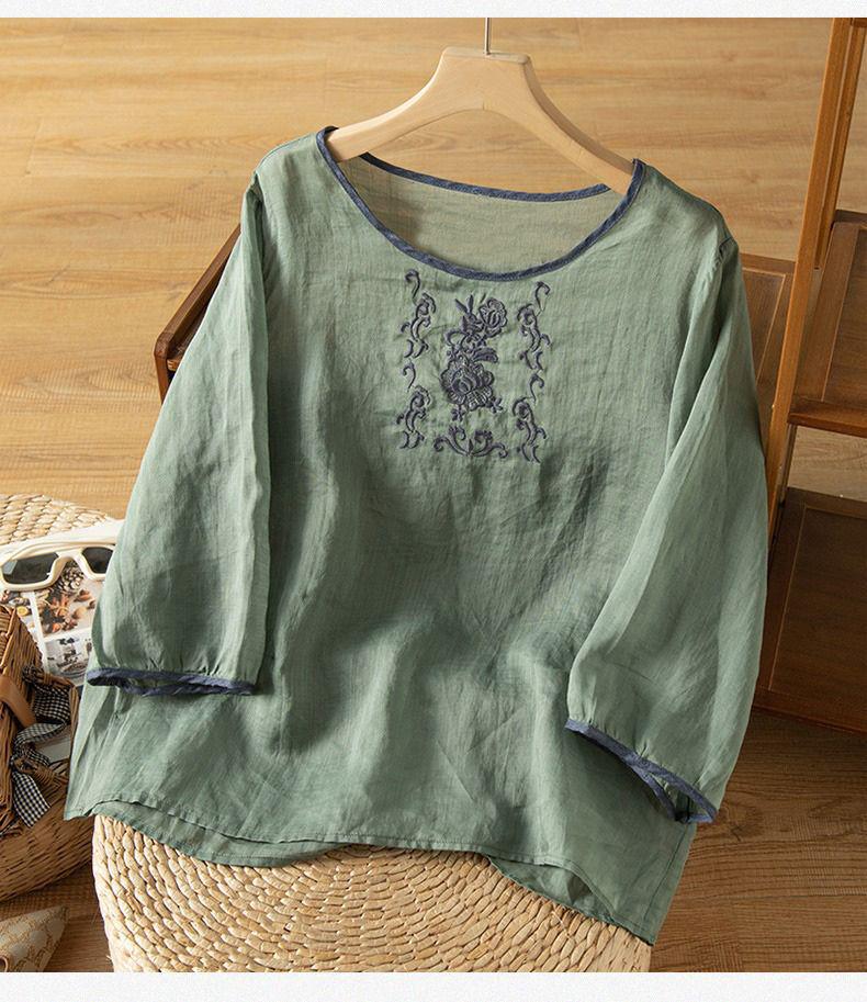 2024 Summer Retro Embroidered Cotton-Linen Colorblock Chinese Style Pullover Shirt