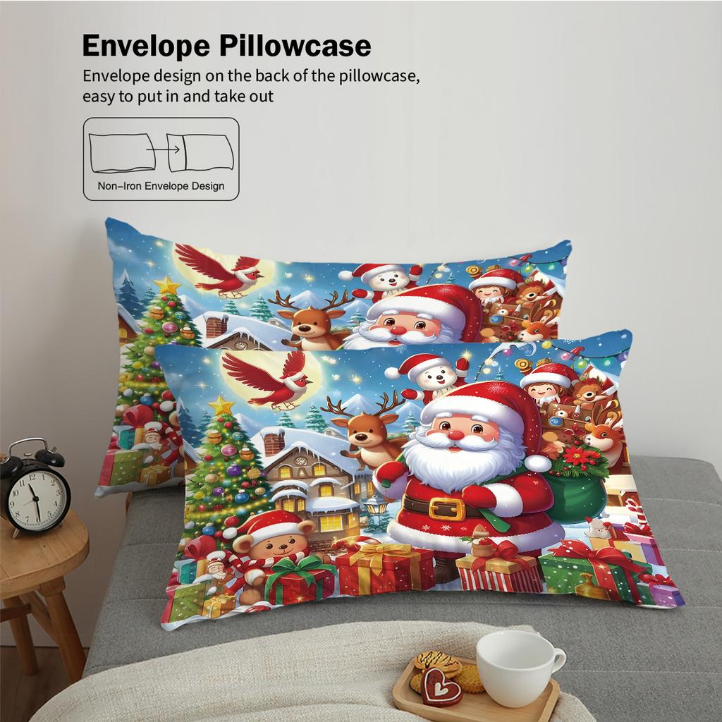 3pcs Cartoon Santa Claus Printed Chipless Bedding Set Bedroom Dormitory Soft Duvet Cover Multiple Sizes Machine Washable