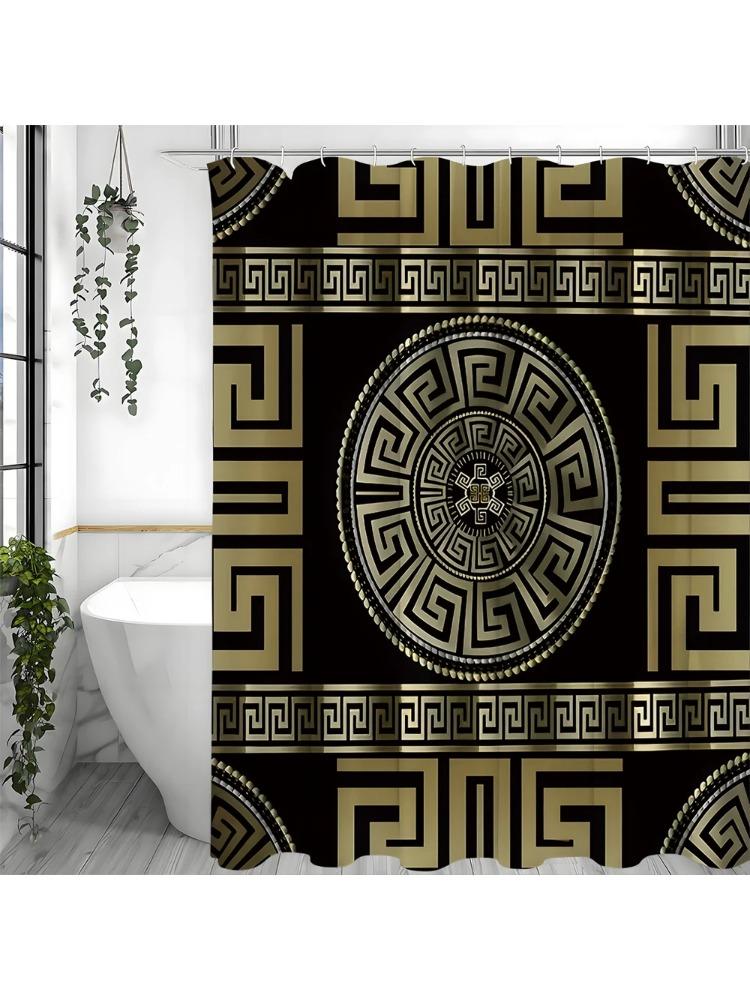 

Vintage Black And Gold Greek Return Meander Shower Curtain, Bathroom Decorative Shower Curtain, Waterproof Shower Curtain With H W60H190(CM)-1 Pcs
