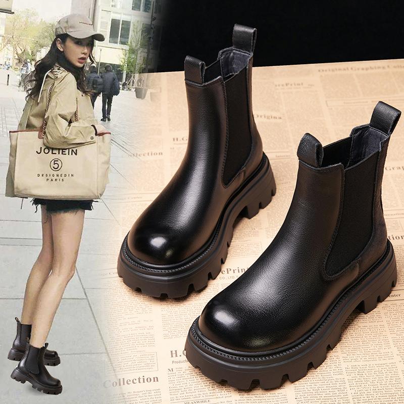 Thick-soled leather Martin boots women's 2025 autumn and winter new small height-increasing short boots velvet cigarette boots fashion single boots