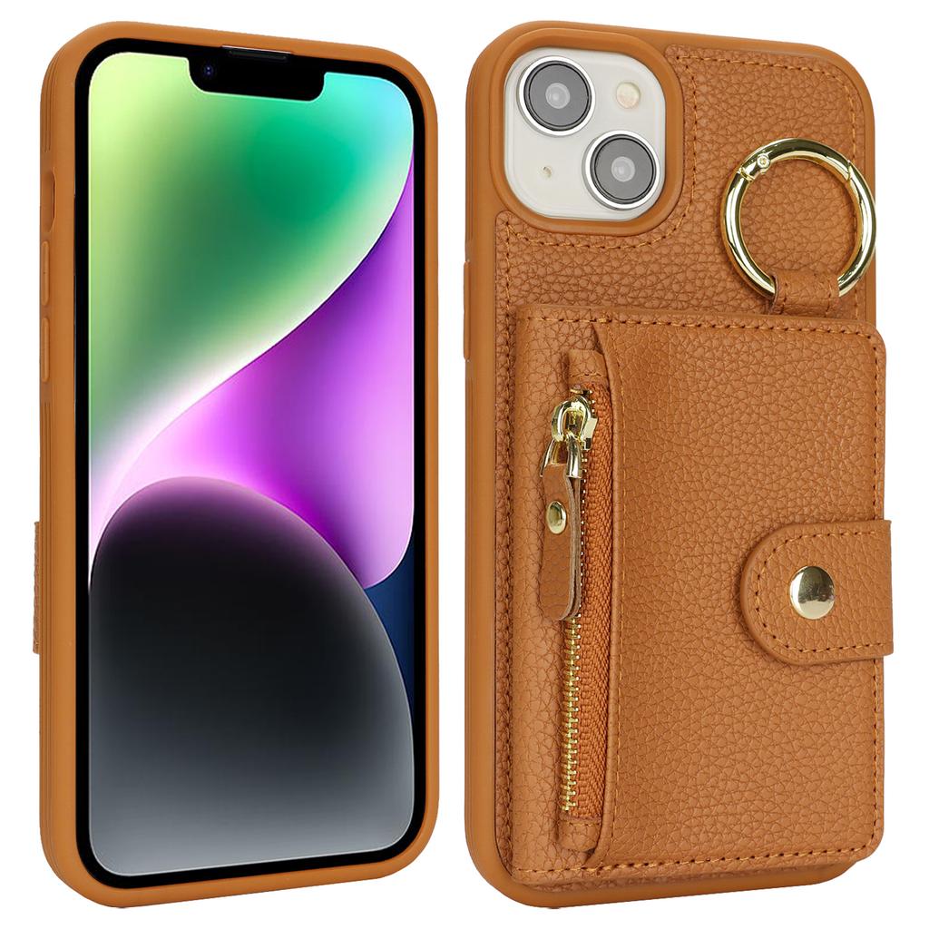 For iPhone 14/13 Case Litchi Textured PU Leather + TPU Kickstand Phone Cover with Card Slot