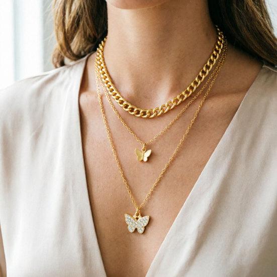 3-Layered Butterfly Necklace Women Pendant Necklace Rhinestone Butterfly Chunky