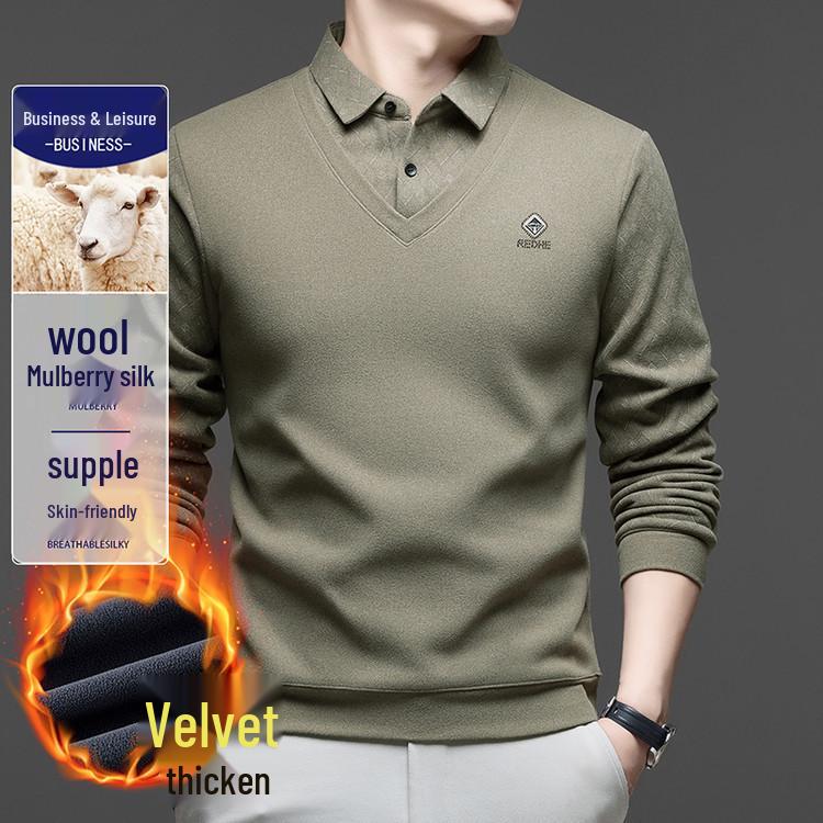 

Men s Winter Heart-shaped Wool & Silk Faux Two-piece Polo Shirt - Extra Thick Base Layer 2XL кавовий