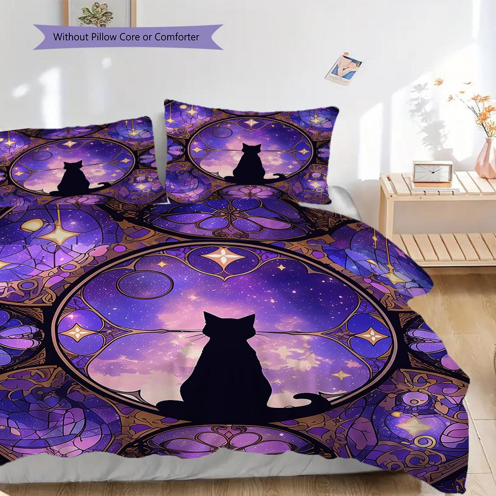 Black Cat Pattern Bedding Quilt Set Quilt Cover Pillowcase Home Decoration Birthday Gift (1 * Duvet Cover + 2 * Pillowcase, Without Core)