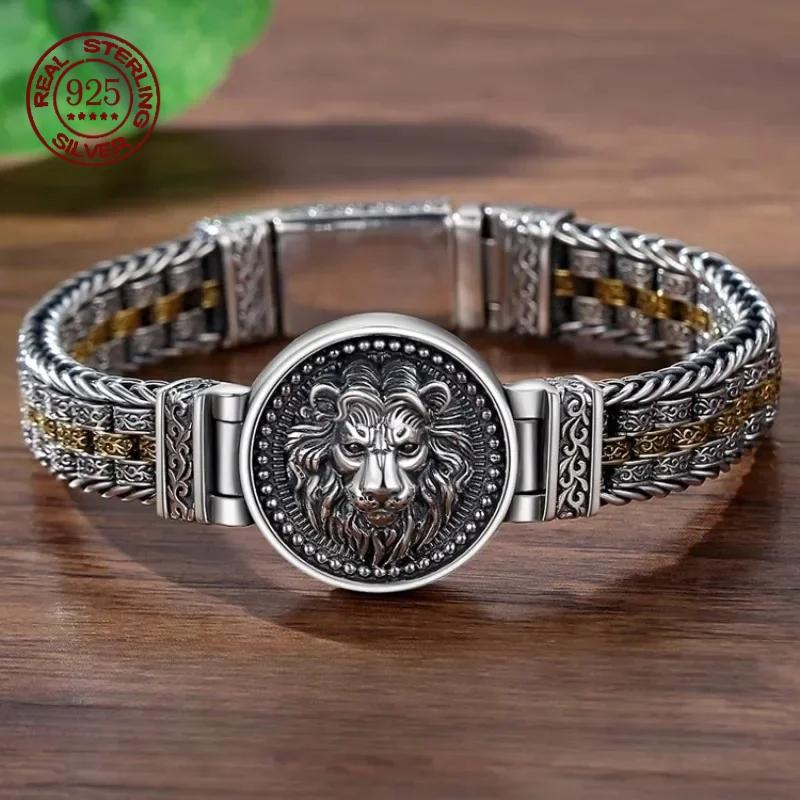 Factory Price S925 Sterling Silver Retro Men Hand-Woven Rattan and Grass Pattern Circular Color Blocking Trendy Bracelet Jewelry