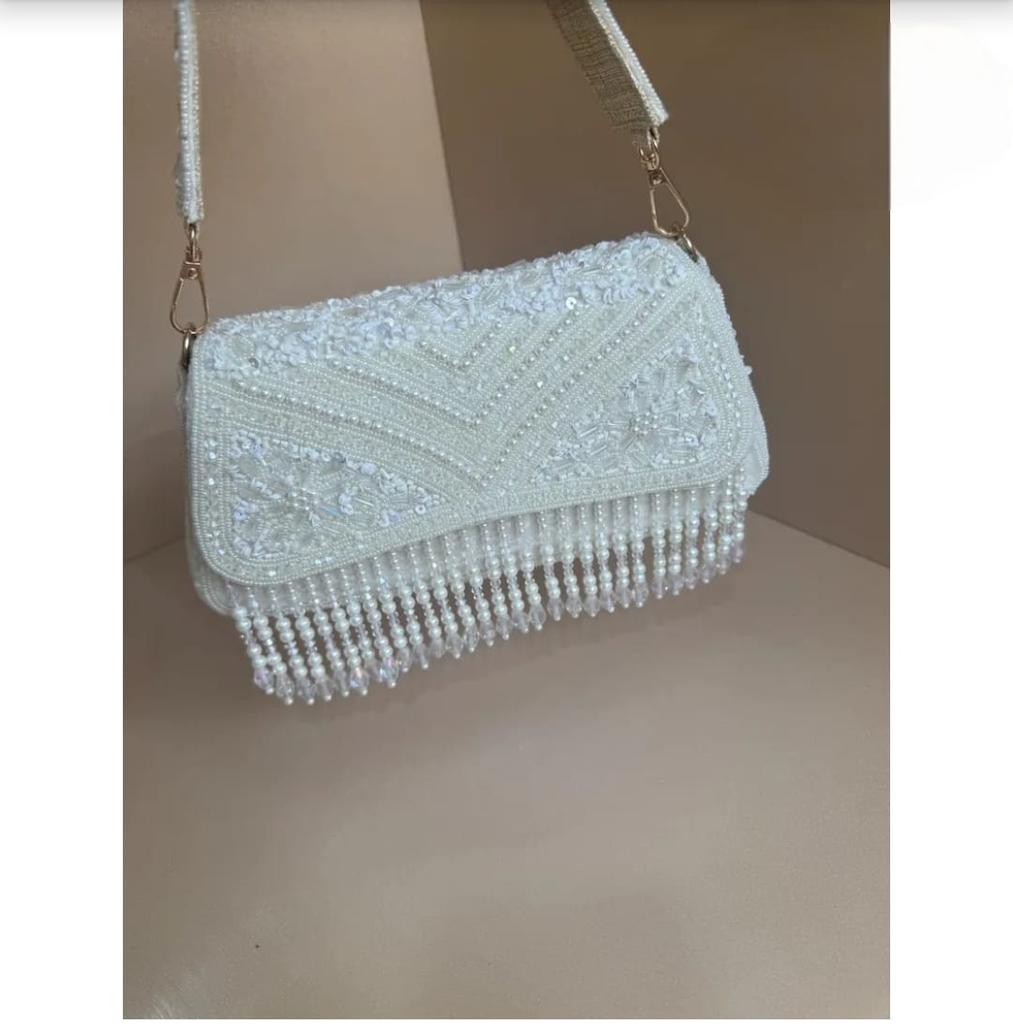 Handmade Beaded Bridal Clutch White Pearl & Sequin Evening Bag with Fringe Elegant Wedding Purse Handmade Party Bag Gift for Her