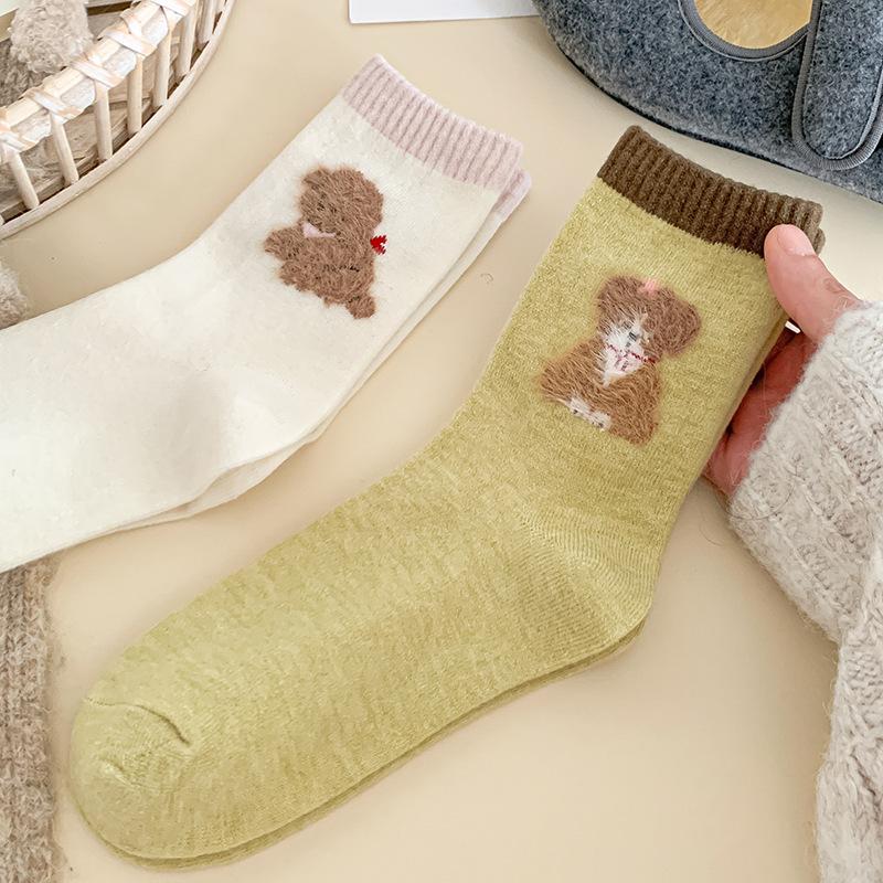 Grey Puppy Socks Warm Moorse Thickened Fleece Warm And Cute Cartoon Animal Tide Stockings