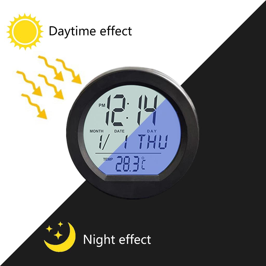 Automotive Armaturenbrett-Halterung Klebstoff Runde Uhr Digitales Thermometer Uhr Solarbetriebene Uhr Auto Innenraum Hintergrundbeleuchtete Uhr