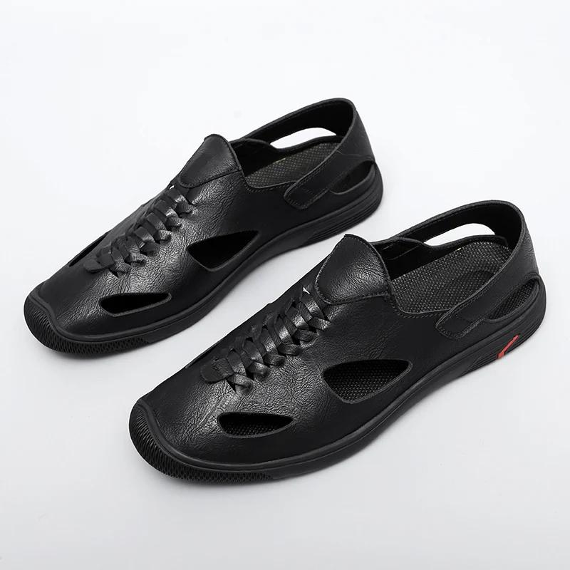 2024New Summer Men Soft Sole Sandals Casual Leather Men Anti Slip Hollow Out Flat Designer Sandals Casual Anti-slip Outdoor Shoe