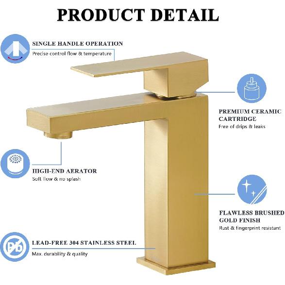 Tohlar Gold Bathroom Faucet, Brushed Gold Faucet for Bathroom Sink, Gold Single Hole Bathroom Faucet Modern Single Handle Vanity Basin Faucet with