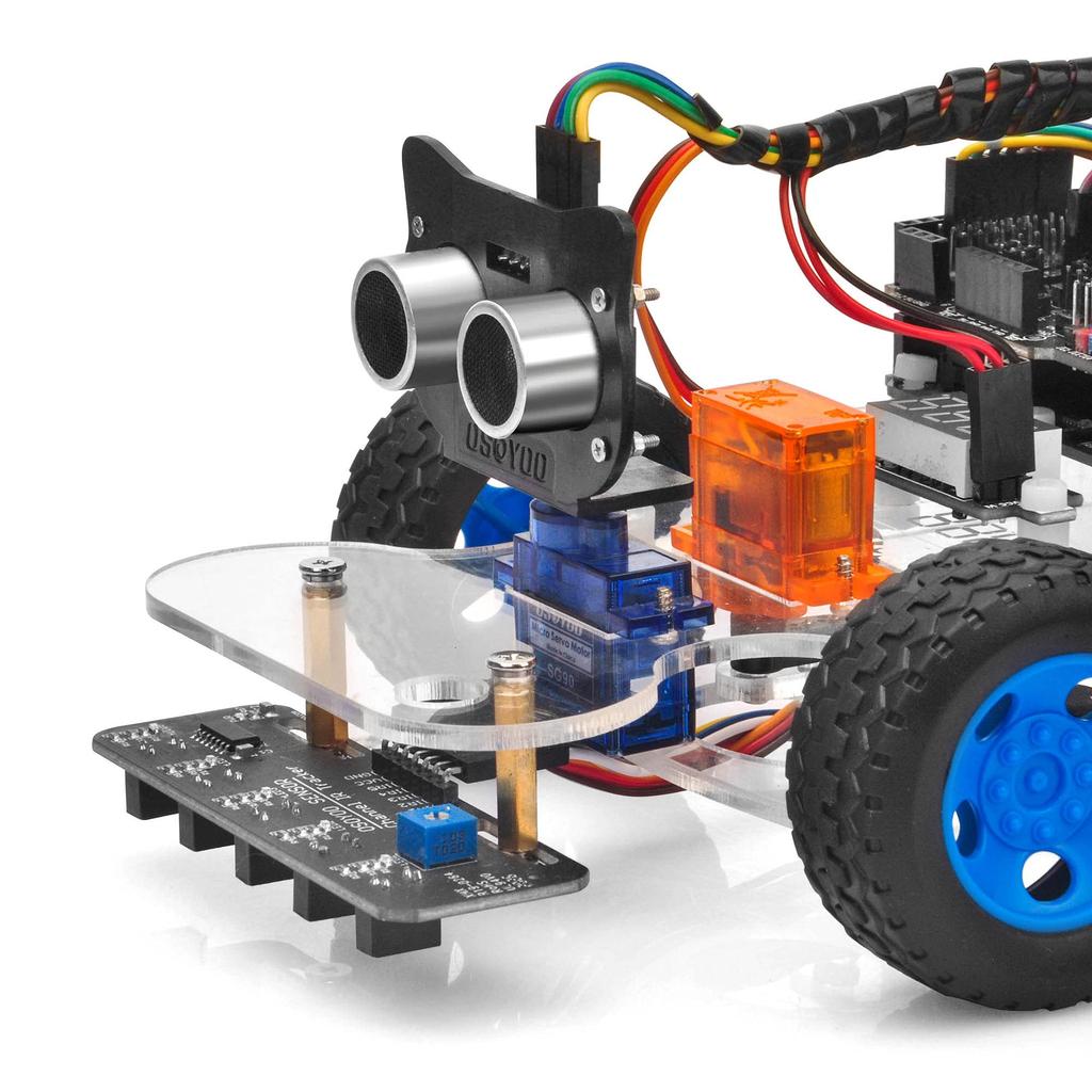 OSOYOO Arduino UNO Robot Car Smart Car Kit with Servo Steering DIY and Computer Programming Rack, Kit, Bluetooth, Wi-Fi, IOT, Autodrive, C++,