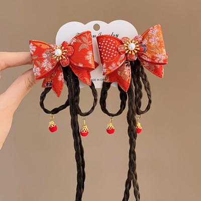Red Children Bow Wig Hairpin Flower Braid Hair Chinese New Year Headwear Ancient Headwear Baby Headwear Ancient Style Hairpin