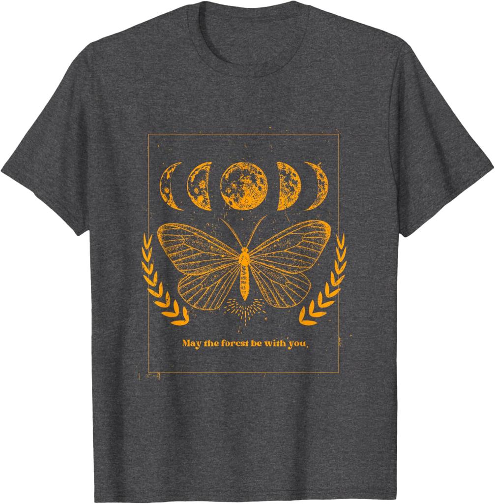 Celestial Butterfly Moon Phases Forest Wish Graphic Tee Casual Crewneck T-Shirt For Men