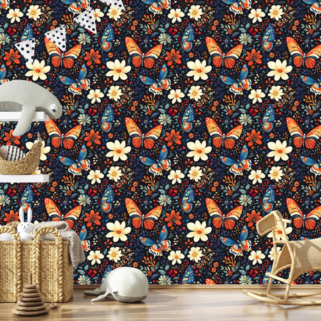 Wallpaper Colorful Butterflies Navy Blue and Burgundy for Living Room and Bedroom 50x1000