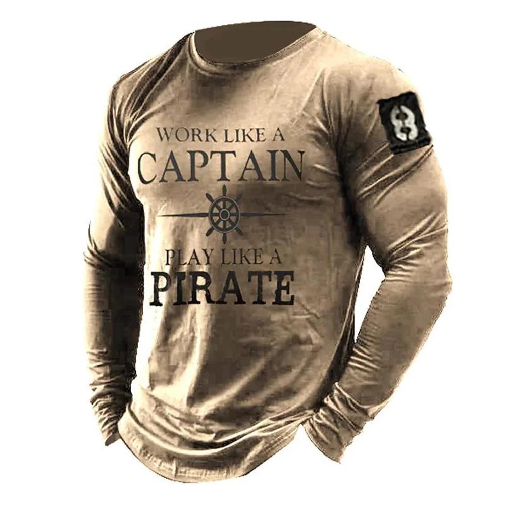 Retro Style 3D Guide Printed Men's Casual Round Neck Long Sleeved T-shirt