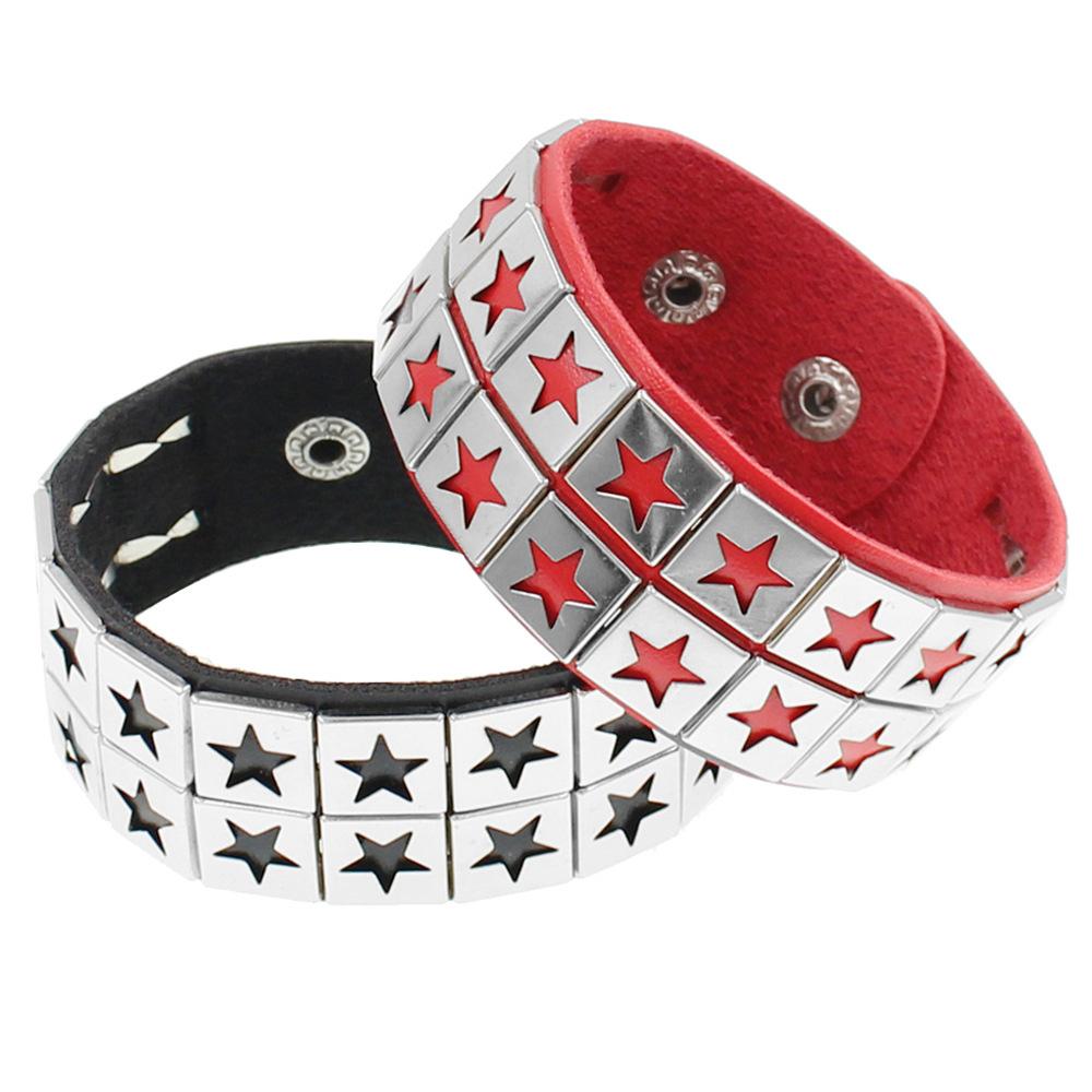 Star Skull Punk Gothic Rock Chains Stud Bracelet Spikes Rivet Pu Leather Wristband Bangle Wide Cuff Bracelet Women Men Jewelry