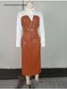 European-American Style Patchwork PU Leather Belt Long Sleeve Women's Dress