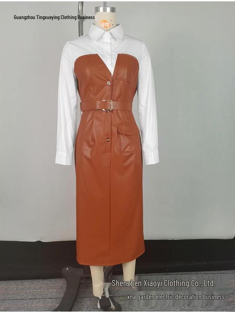 European-American Style Patchwork PU Leather Belt Long Sleeve Women's Dress