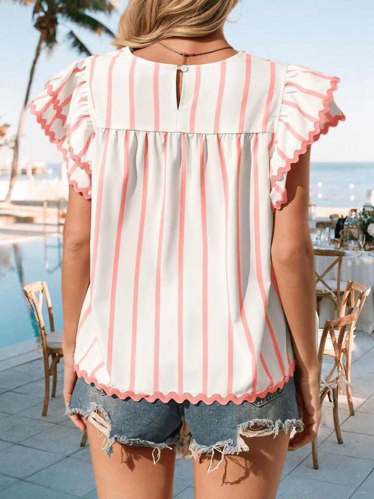 Women's Vertical Striped Blouse V Neck Ruffle Sleeve Pleated Trim Summer Top
