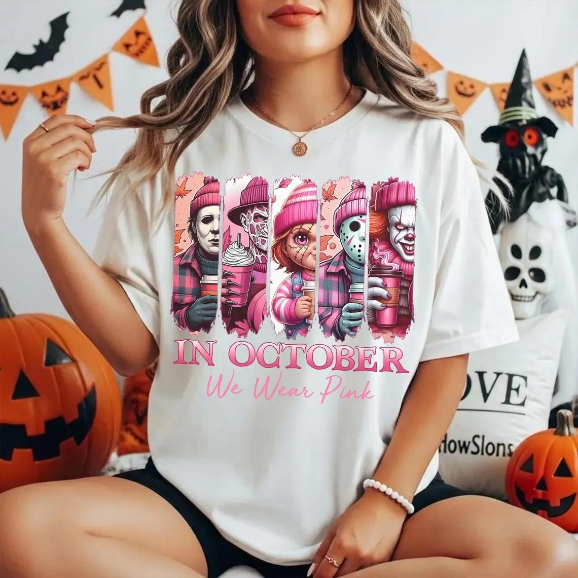 In October We Wear Pink  Friends Horror Movie Killers Print TShirt Women Loose Short Sleeve Round Neck Top S