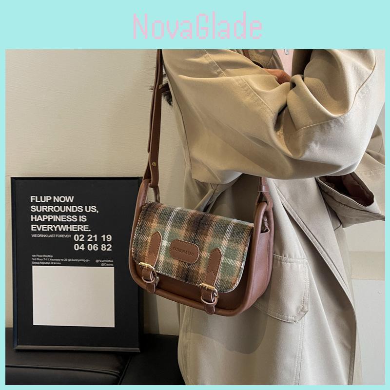 Trendy Street Style 2024 Winter Plaid Shoulder Bag In Green Plaid Brown Pu Material Medium Size