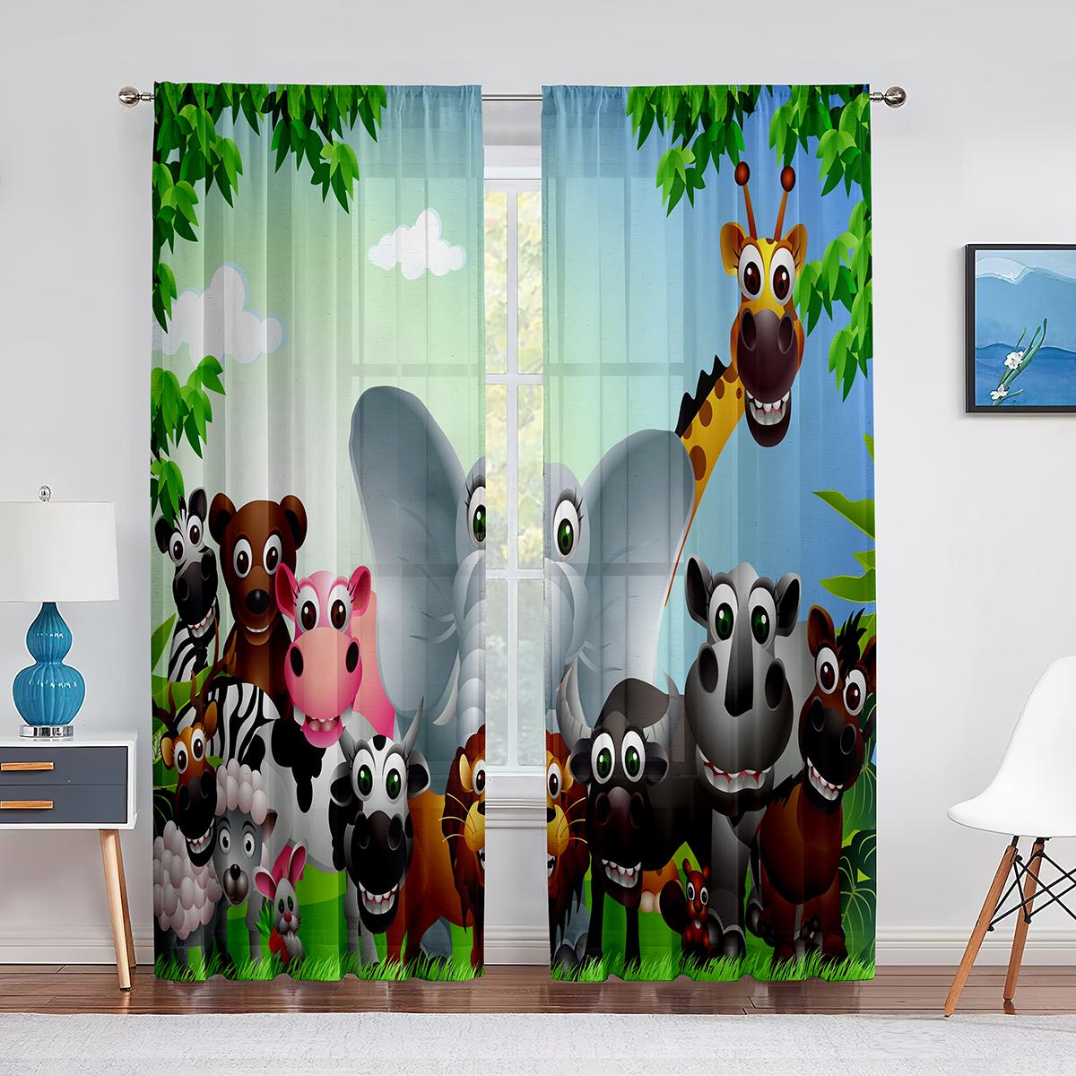 Мультяшные дикие животные Прозрачная вуалевая занавеска Тигр Слон Жираф Оконные шифоновые — фото 4
