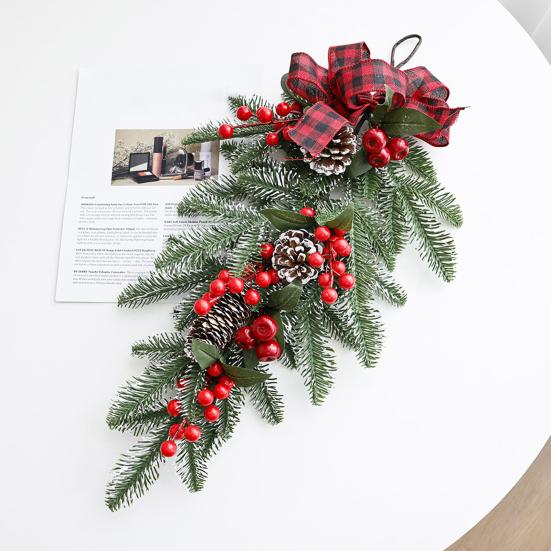 Yousheng Christmas Teardrop Swag Wreath Artificial Pine Branch Teardrop Swag with Pine Cone Red Berry And Plaid Bow for Winter Front Door Staircase