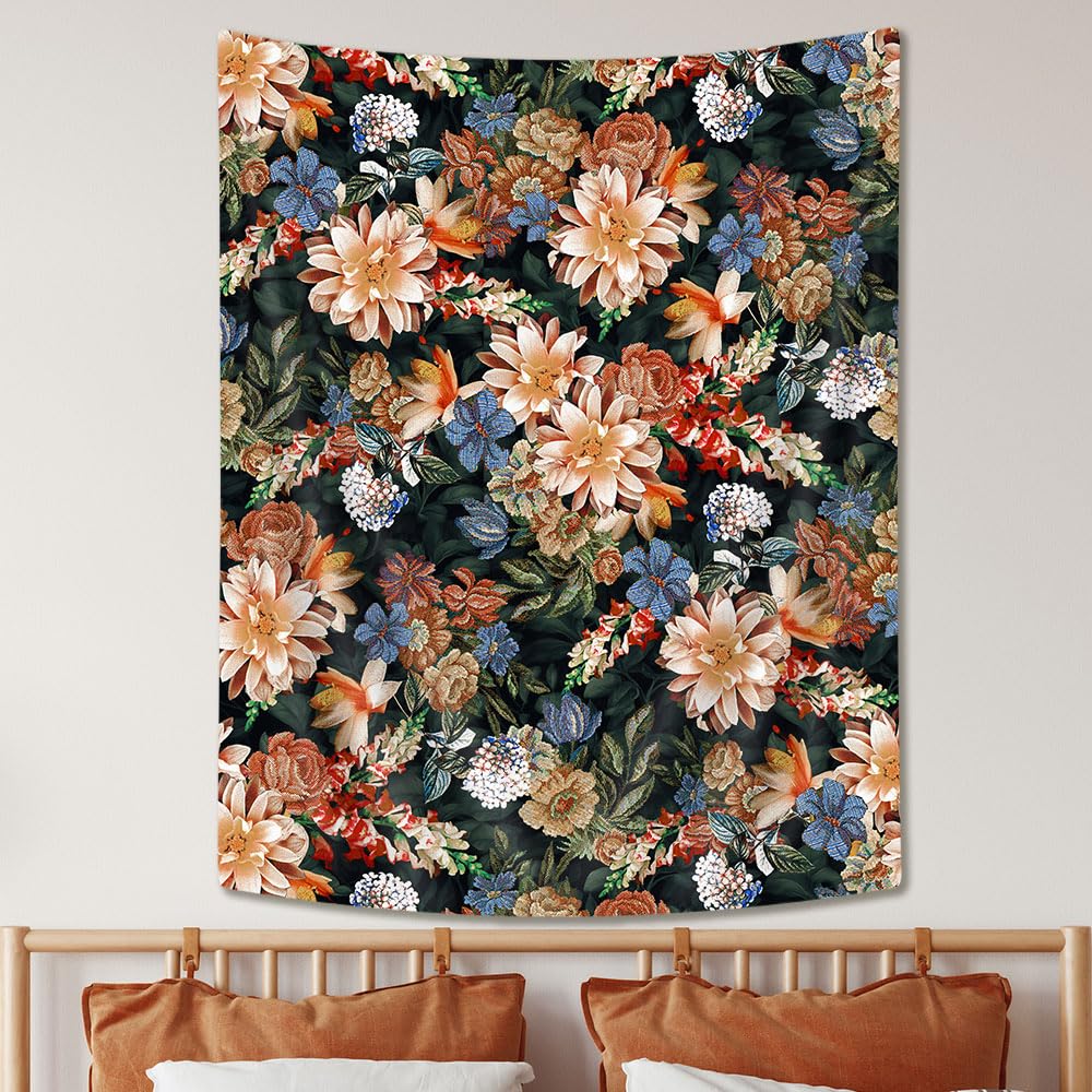 Dark Floral Garden Tapestry, Vintage Red White Rose Print Large Wall Hanging for Bedroom Living Room Aesthetic Home Decor