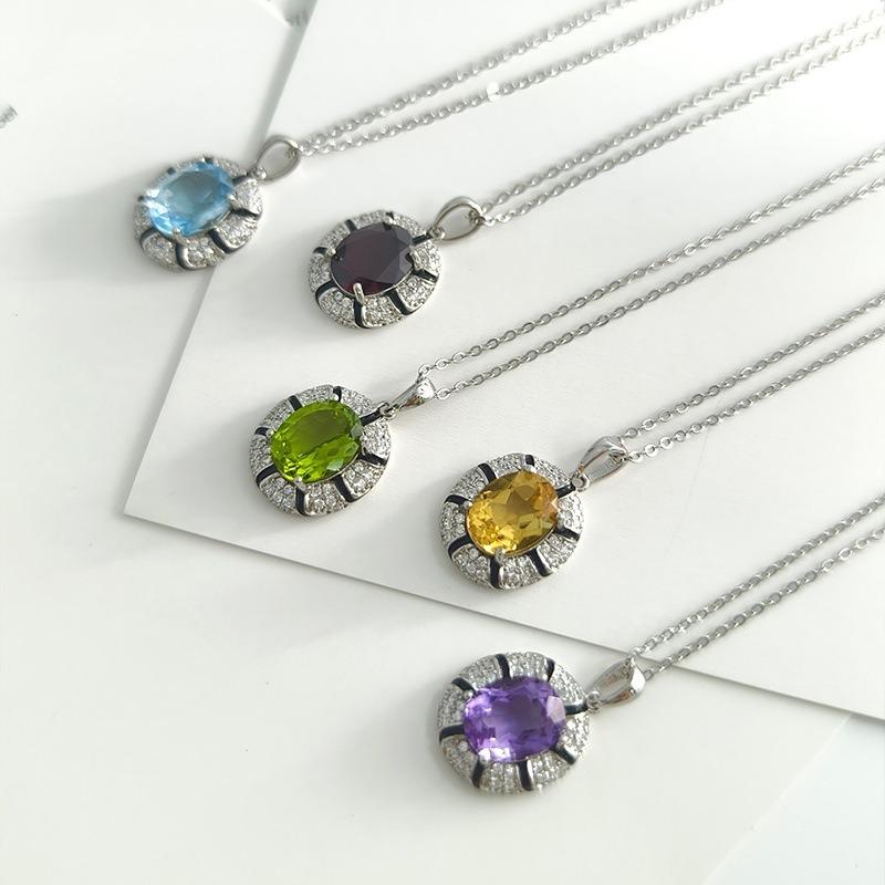 S925 Silver Necklace with Natural Topaz/Crystal Pendant, Colorful Gemstone Jewelry for Women