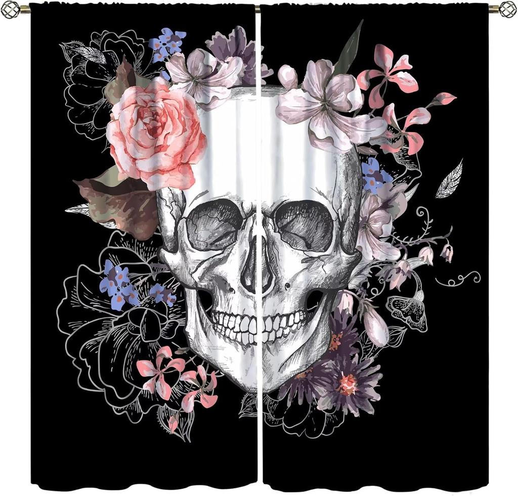 Vintage Skull Curtains Rose Flowers Wildflowers Halloween Theme Scary Curtain Bedroom Living Room Home With Rod Pocket Polyester Ideal For Sitting