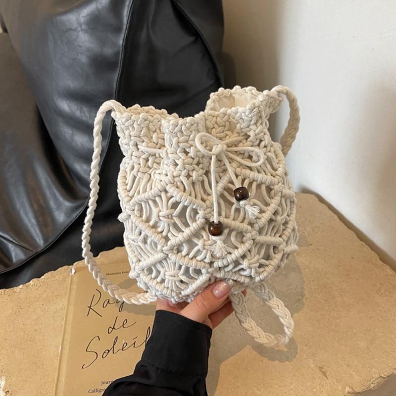 

Плетеная сумочка, модная, в стиле бохо, ажурная, ручная работа, сумка-ведро через плечо, летняя пляжная сумка, вязаный чехол для телефона 18*10*21cm белый