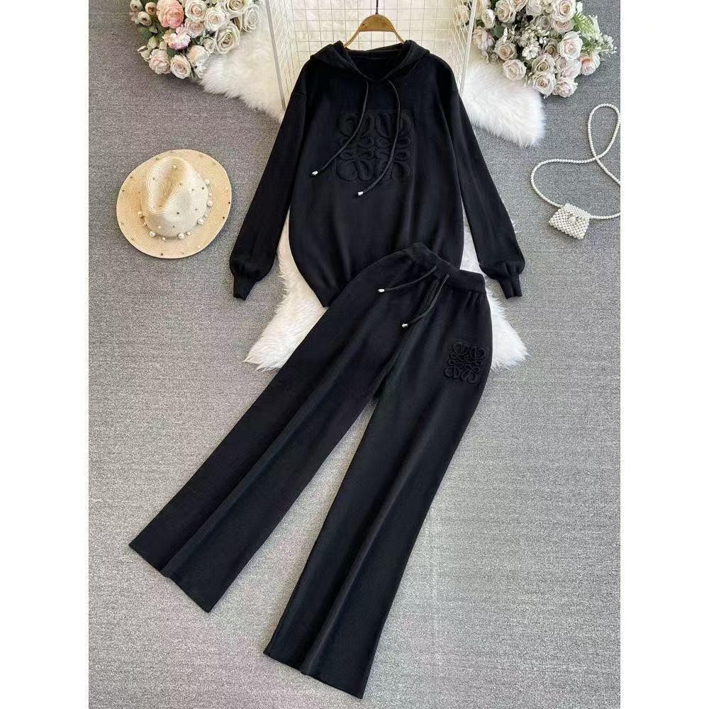 American 3D Heavy Industry Knit Hoodie & Wide-Leg Pants Set: Stylish, Simple Two-Piece