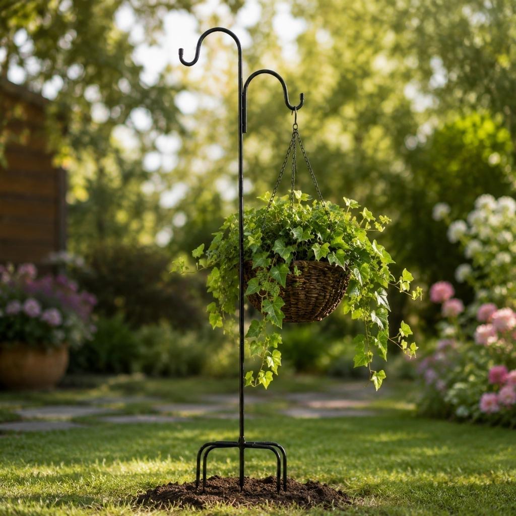 Metal Shepherd Hook Double Hook Garden Stake Outdoor Hanging Plant Holder Stand for Yard Patio Lawn Decoration
