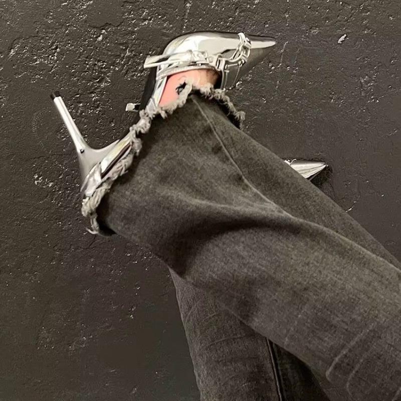 Silver High Heels Sandals Women Summer Punk Goth Pointed Toe Party Shoes Woman Metallic Thin Heeled Dress Pumps Ladies