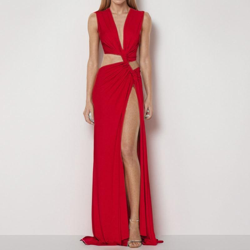 Women's clothing, new spring models, sexy solid color hollow knot V-neck dress
