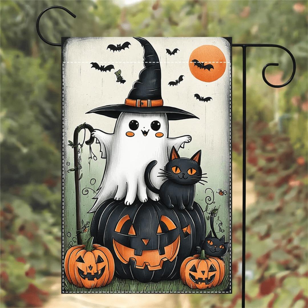 

1pc Halloween Cute Lovely Cat Ghost Pumpkin Digital Print Suitable for Halloween Yard Outside Decoration No Flag Pole 12X18Inch 30x45