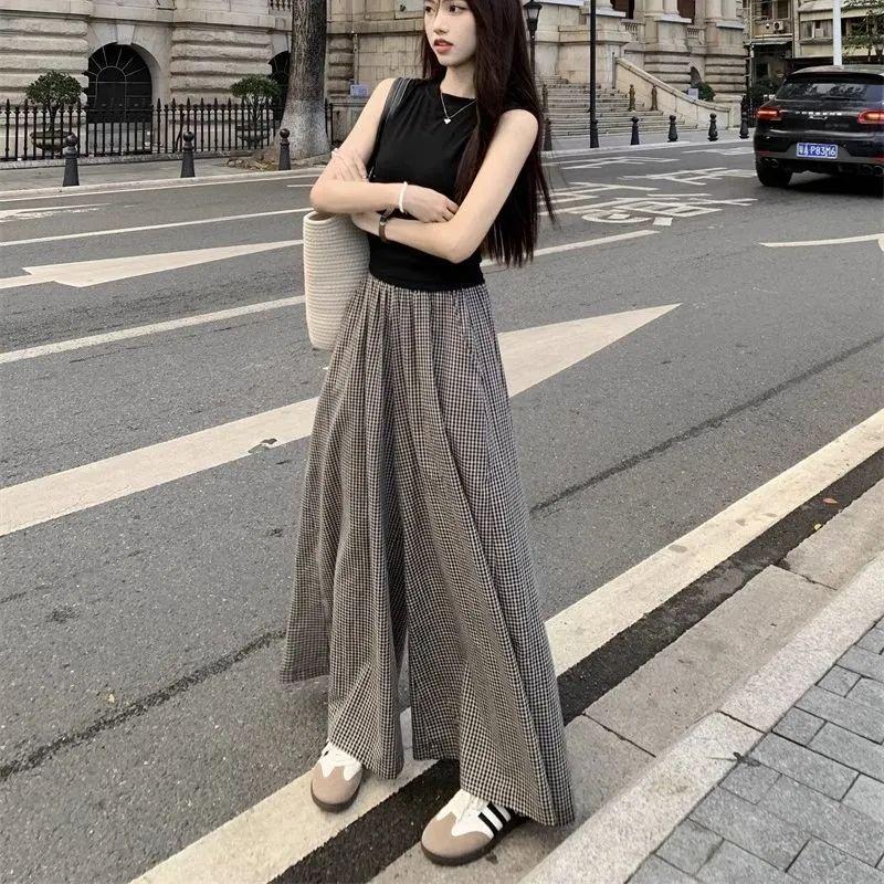 Retro Plaid High-Waisted Pants & Skirt Set – Women's Versatile Summer Two-Piece, Loose & Slimming Casual Outfit
