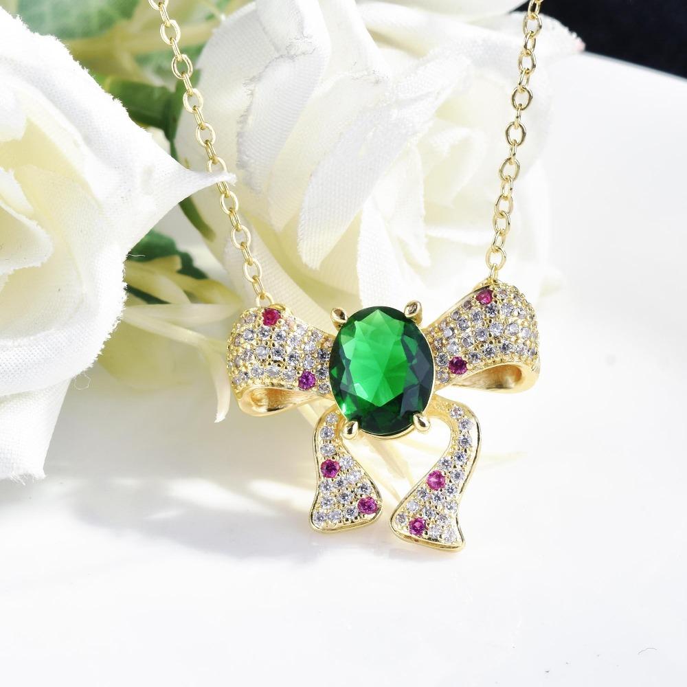 Women Emerald Bow Jewelry Set European Luxury Open Ring Pendant Earrings Necklace with High Carbon Diamonds