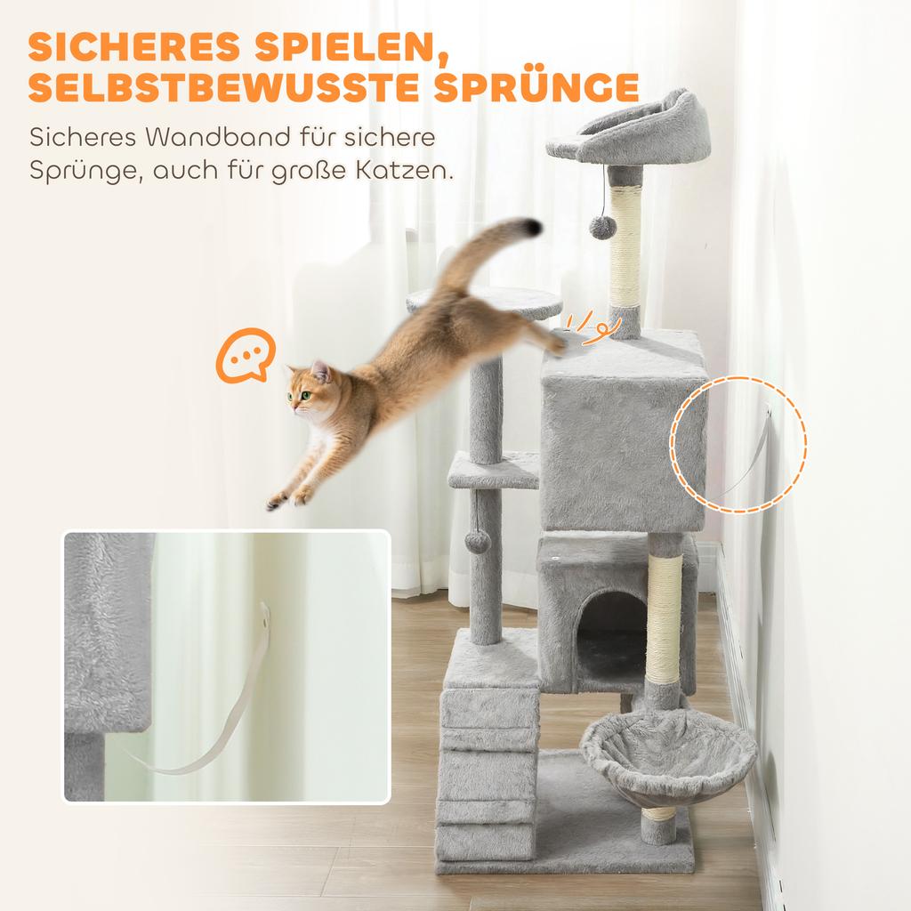 160 cm Cat Tree, Multiple Levels, Sisal Scratching Posts, Caves, Plush Platforms, Hammock, Ladder, Play Balls