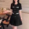 Vestido Elegante Plisado Casual de Manga Corta con Cuello Redondo para Mujer