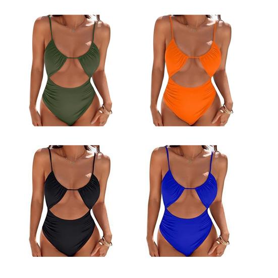 Traje de baño de una pieza para mujer, monokini de cintura alta, hueco, de color sólido, de secado rápido, tejido elástico, ropa de playa con almohadilla para el pecho.